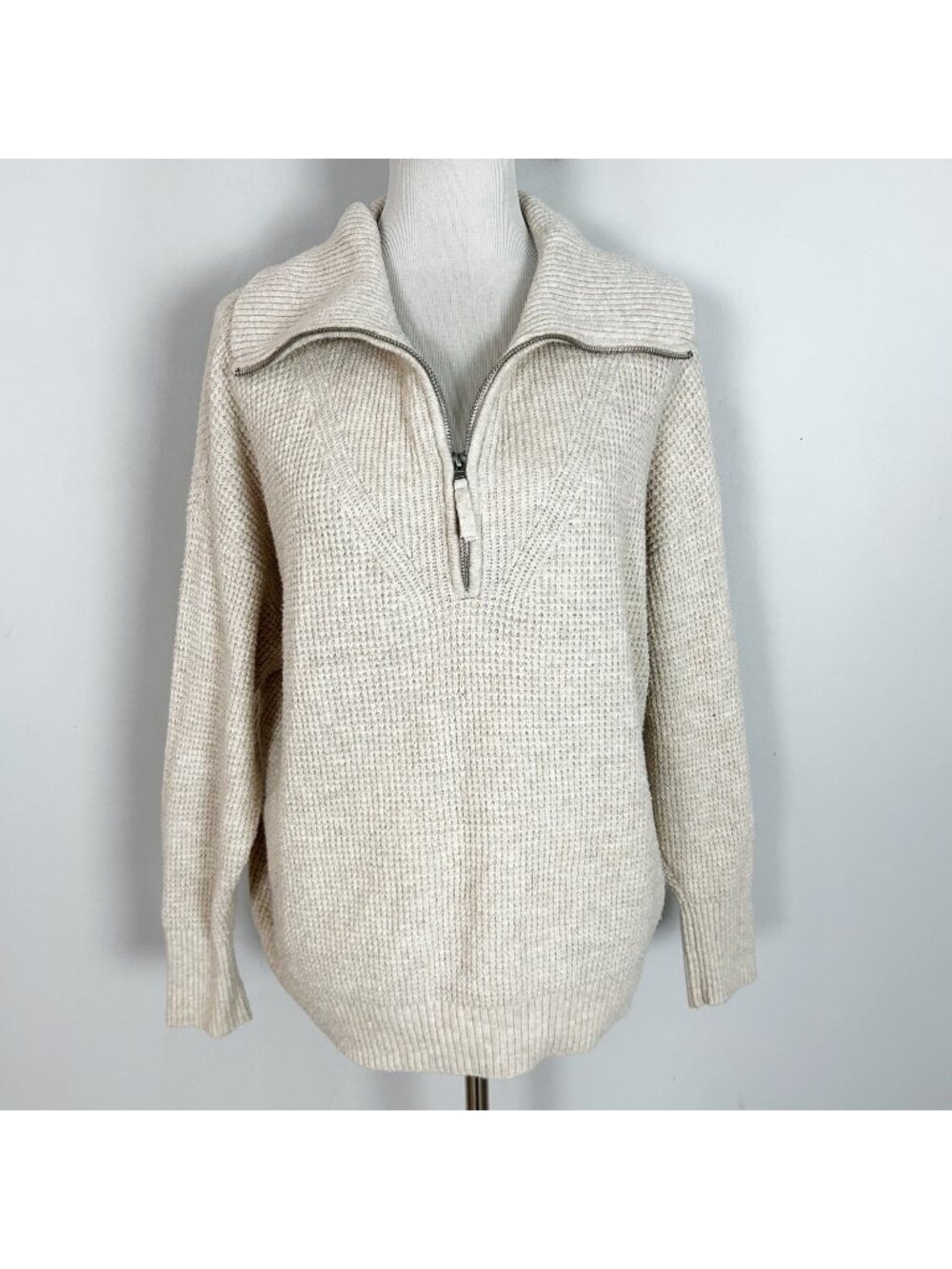 Aerie Beige Waffle Pullover Sweater Shawl Collar 1/4 Zip Size Small‎ Women's